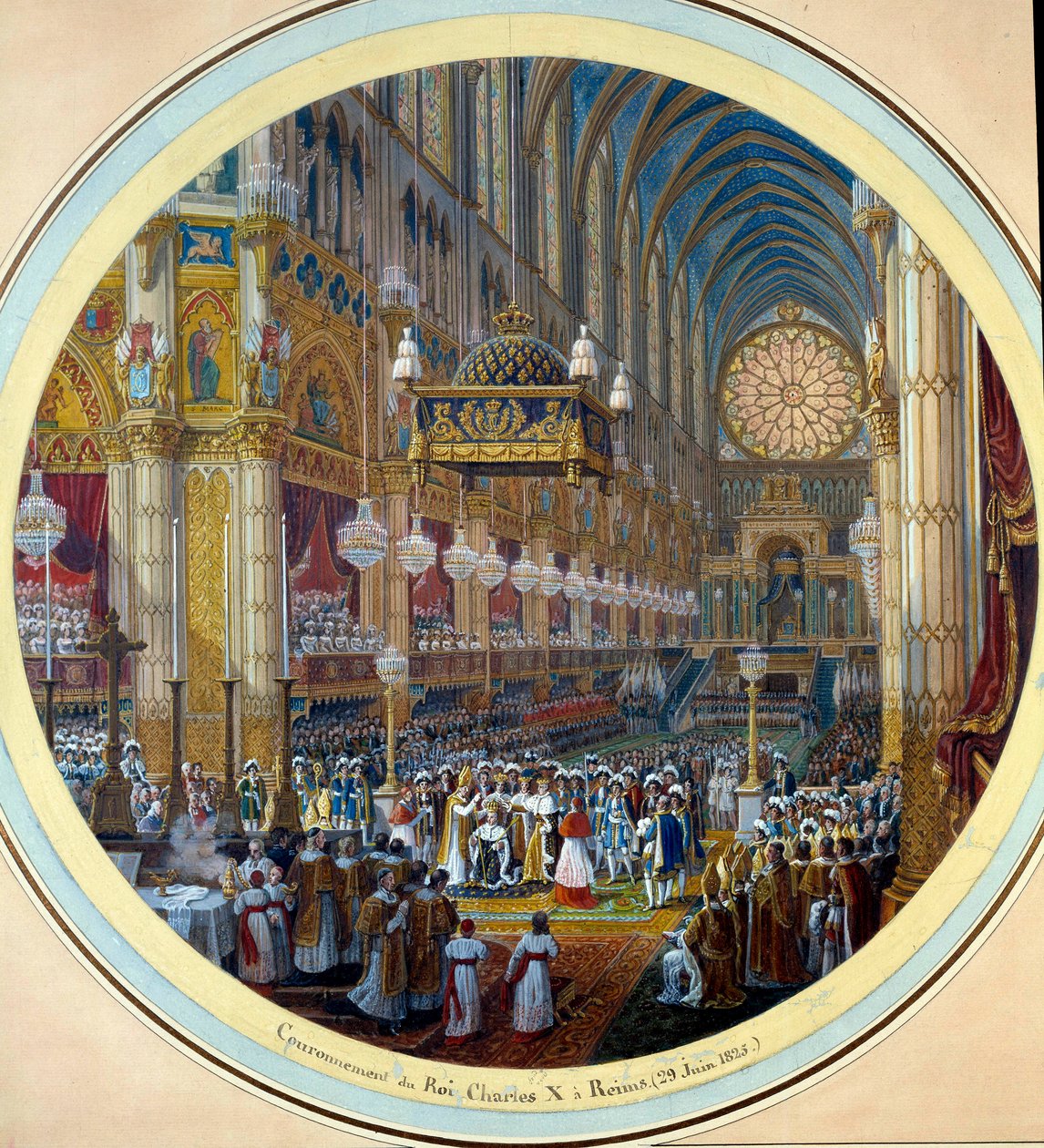 X. Károly (1757-1836) megkoronázása a reimsi katedrálisban 1825.05.28. Akvarell festése Jean Charles Develly (1783-1862) gueridon projektjéhez 1825 Átm. 0,37 m. Sevres. Porcelán gyártás alkotó: Jean-Charles Develly