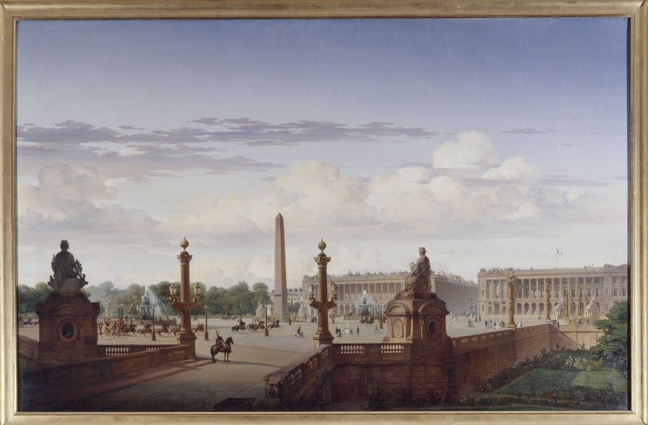 Place de la Concorde, kilátás a vízparti teraszról; Lajos Fülöp király kocsin halad át a téren, 1846 (olaj, vászon) alkotó: Jean Charles Geslin