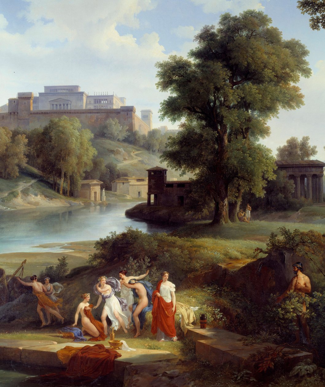 Homere-i Odüsszeus: „” Ulysses látja, hogy Nausicaa, Alcinoos király lánya labdázik a követőivel”” Részlet. Jean Charles Remond (1795-1875) festménye, 1830 Nantes, Musee des Beaux Arts alkotó: Jean Charles Joseph Rémond