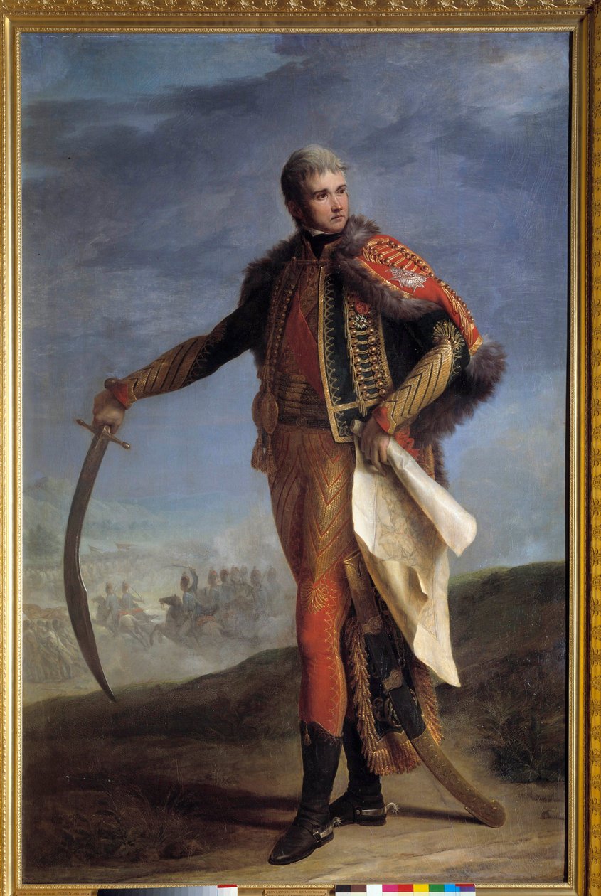 Jean Lannes (1769-1809) Montebello hercegének portréja, Jean Charles Nicaise Perrin (1754-1831) birodalmi festészetének marechalja. 1804-1809. Homályos. 2,1x1,4 m. - Jean Lannes (1769-1809) Montebello hercegének, a Birodalom marsalljának egész alakos portr alkotó: Jean Charles Nicaise Perrin