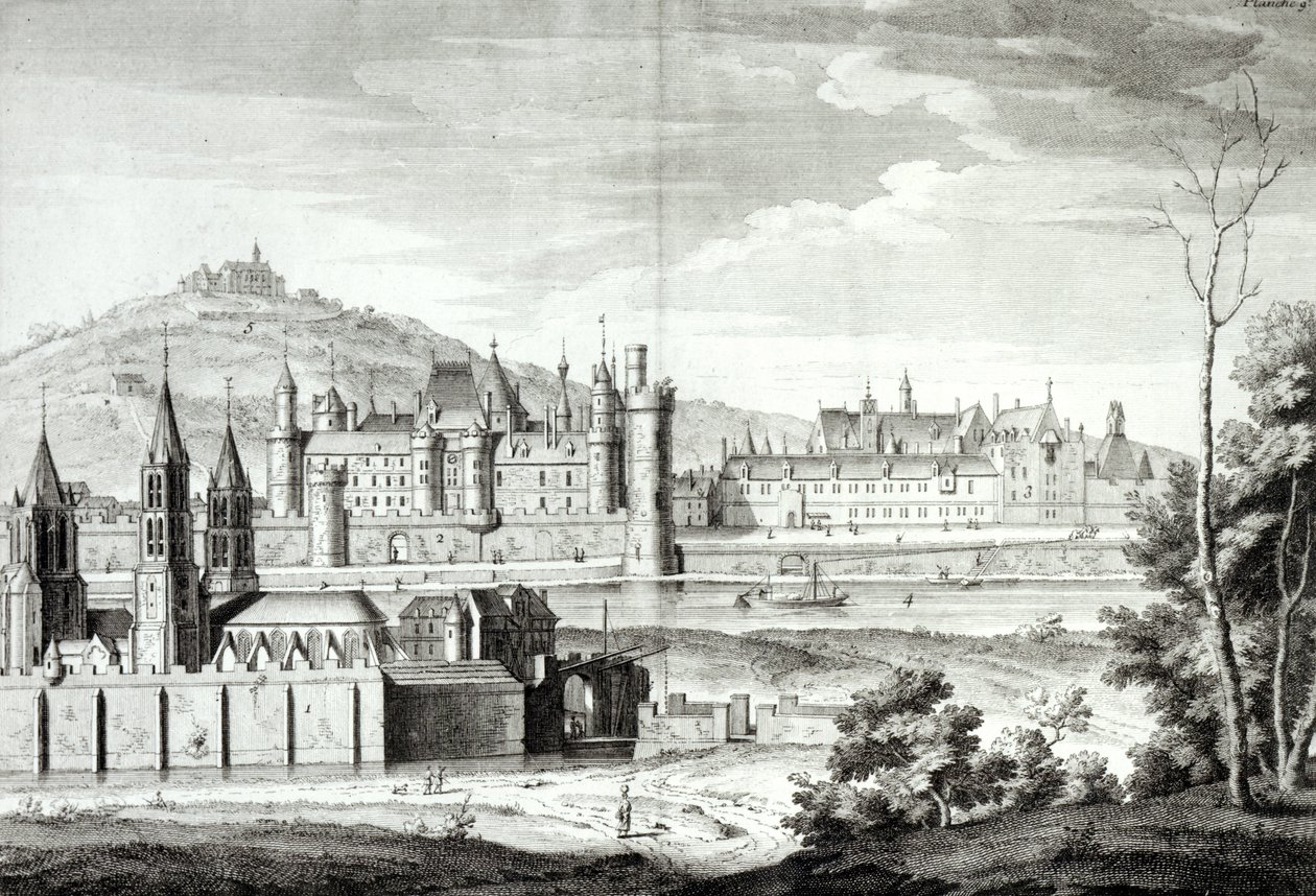 Kilátás a Saint-Germain-des-Pres-i apátságra, a Louvre-ra, a Petit Bourbonra, a Montmartre-re és a Szajnára 1410-ben, Antoine Herisset (1685-1769) metszetében alkotó: Jean Chaufourier