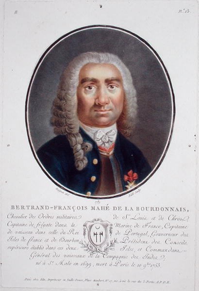 Bertrand-Francois Mahe de la Bourdonnais (1699-1753) a „Franciaországi nagy férfiak, jeles nők és emlékezetes alanyok portréiból”, Ride metszete, 1787-92 (színes litho) alkotó: Jean Claude (after) Naigeon