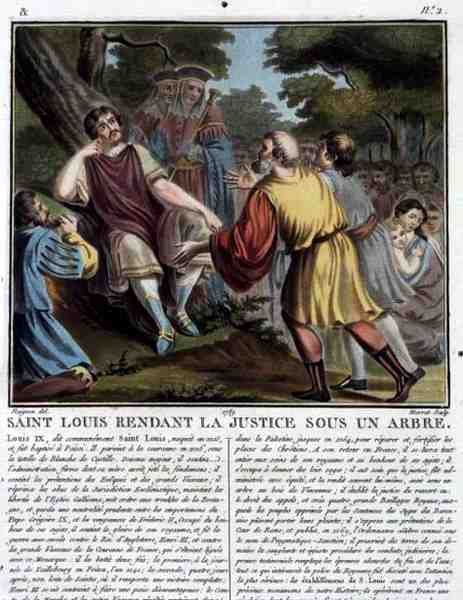 Saint Louis (1215-70) igazságot szolgáltat egy fa alatt, vésette: Jean Baptiste Morret (fl. 1790-1820) 1789 (színes metszet) alkotó: Jean Claude (after) Naigeon