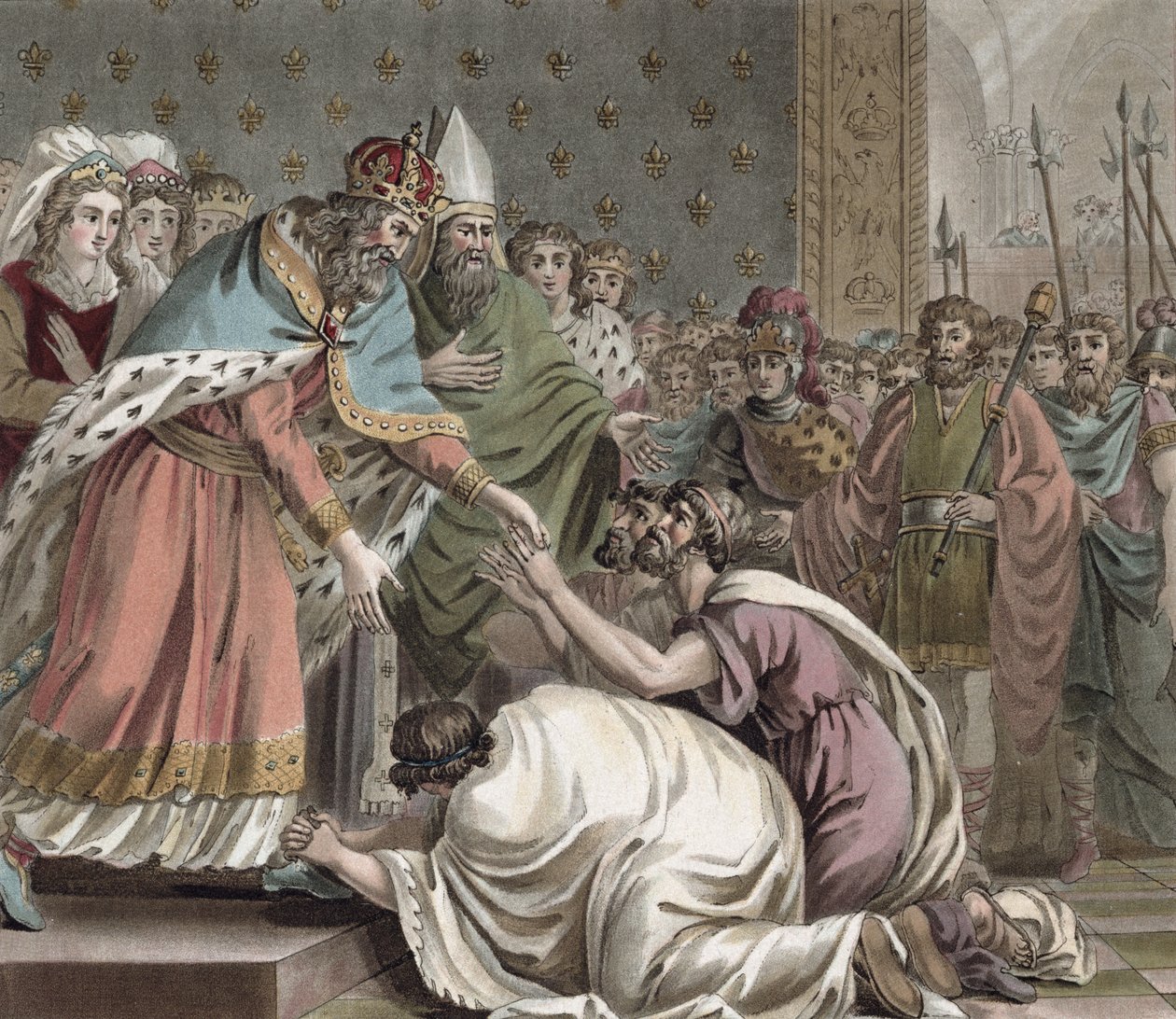 Nagy Károly (742-814) fogadja a nagyköveteket a keleti császártól, vésette Jean Baptiste Morret (fl. 1790-1820), 1789 alkotó: Jean Claude Naigeon