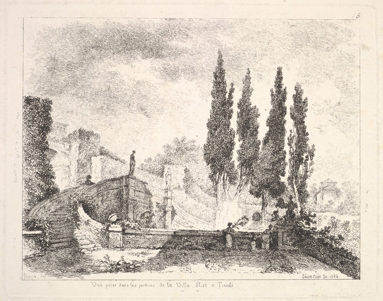 Kilátás a tivoli Villa dEste kertjére, jobbra ciprusi fák, lépcsőház..., 1764. alkotó: Jean Claude Richard Saint Non