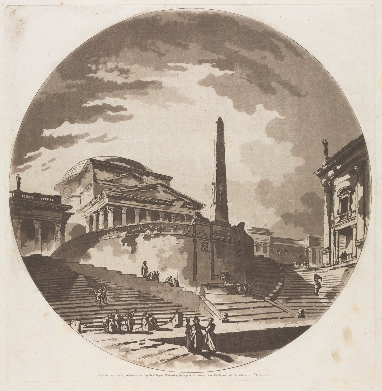 Kilátás a Rotundára a Tiberis lépcsőivel, 1766. alkotó: Jean Claude Richard de Saint Non