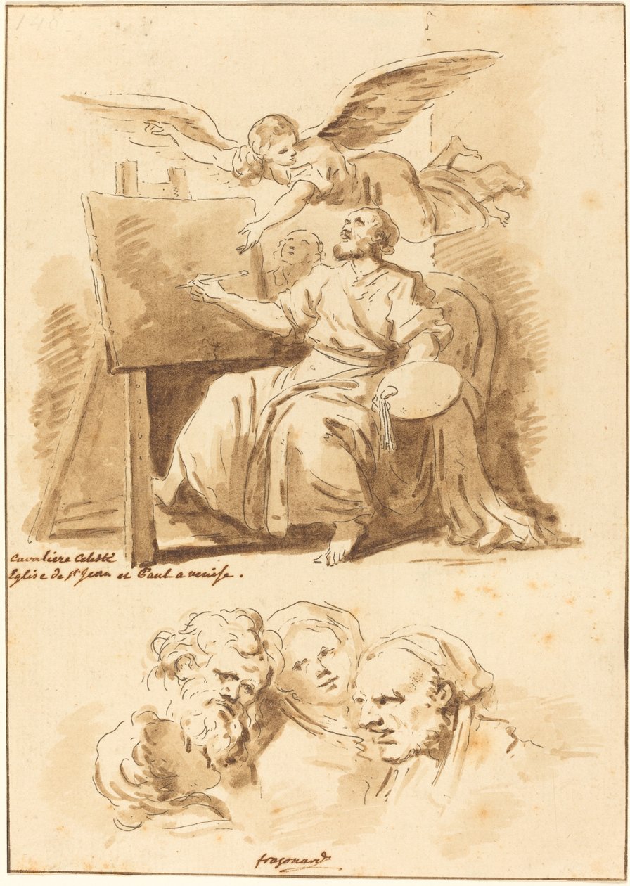 Szent Lukács a festőállványán és négy kifejező fej alkotó: Jean Claude Richard de Saint Non after Jean Honoré Fragonard after Andrea Celesti