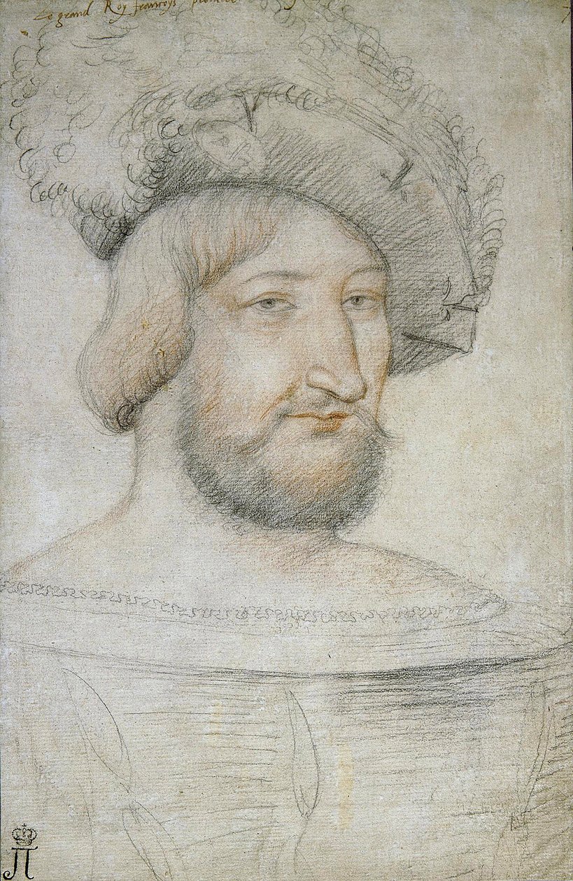 I. Ferenc (1494-1547), francia király par Clouet, Jean (kb. 1485-1541) portréja. Fekete kréta és szangvinikus papíron, méret: 29,3x19,1, 16. század első fele, Állami Ermitázs, Szentpétervár alkotó: Jean Clouet