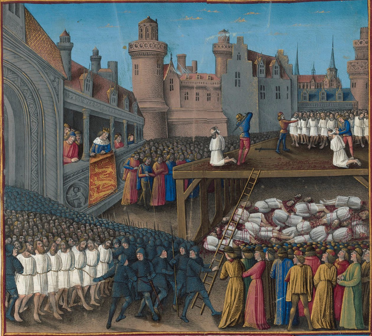 A szaracén foglyok lemészárlása Oroszlánszívű Richárd király parancsára, 1191, 1474-1475. alkotó: Jean Colombe
