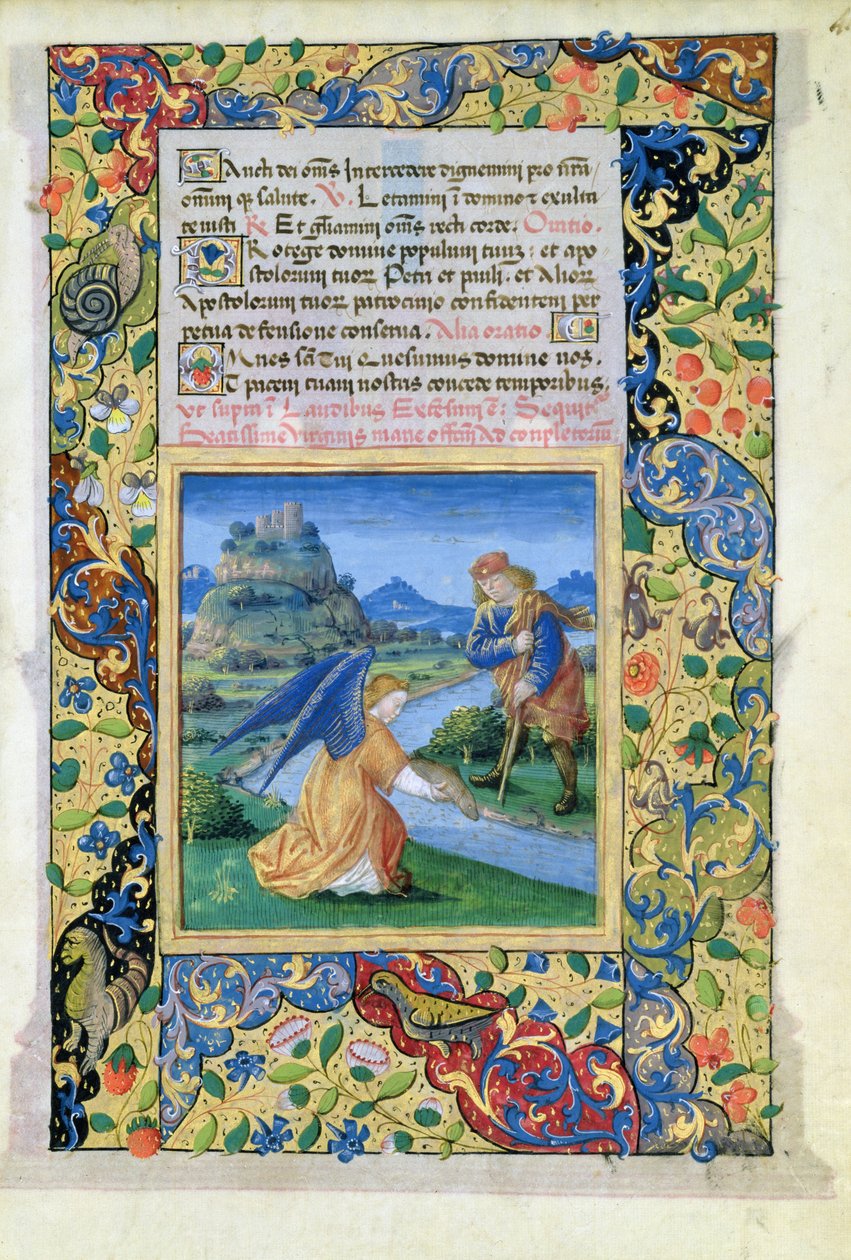 Ms Lat.Q.v.I.126 f.40 Tóbiás és az angyal, Louis dOrleans óráinak könyvéből, 1469 alkotó: Jean Colombe