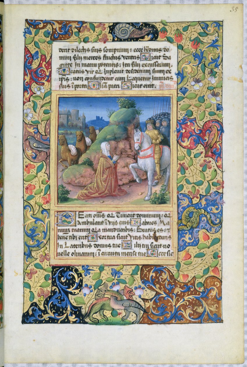 Ms Lat. Q.v.I.126 f.35 Abigail és Dávid találkozása, Louis dOrleans óráinak könyvéből, 1490 alkotó: Jean Colombe