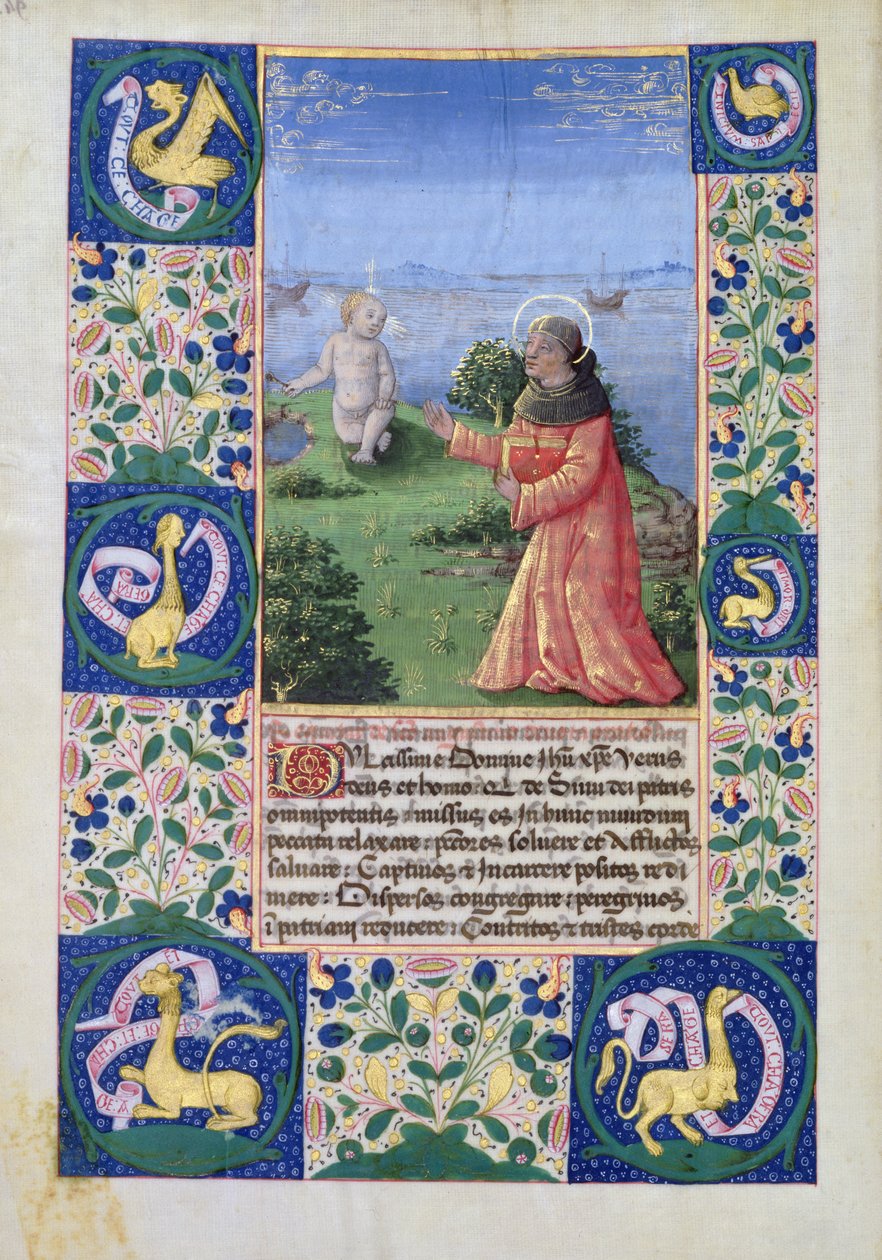 Ms Lat. Q.v.I.126 f.94v Orléans-i Lajos (1462-1515) imádkozik a Gyermek Krisztus előtt, Louis dOrleans óráinak könyvéből, 1469 alkotó: Jean Colombe