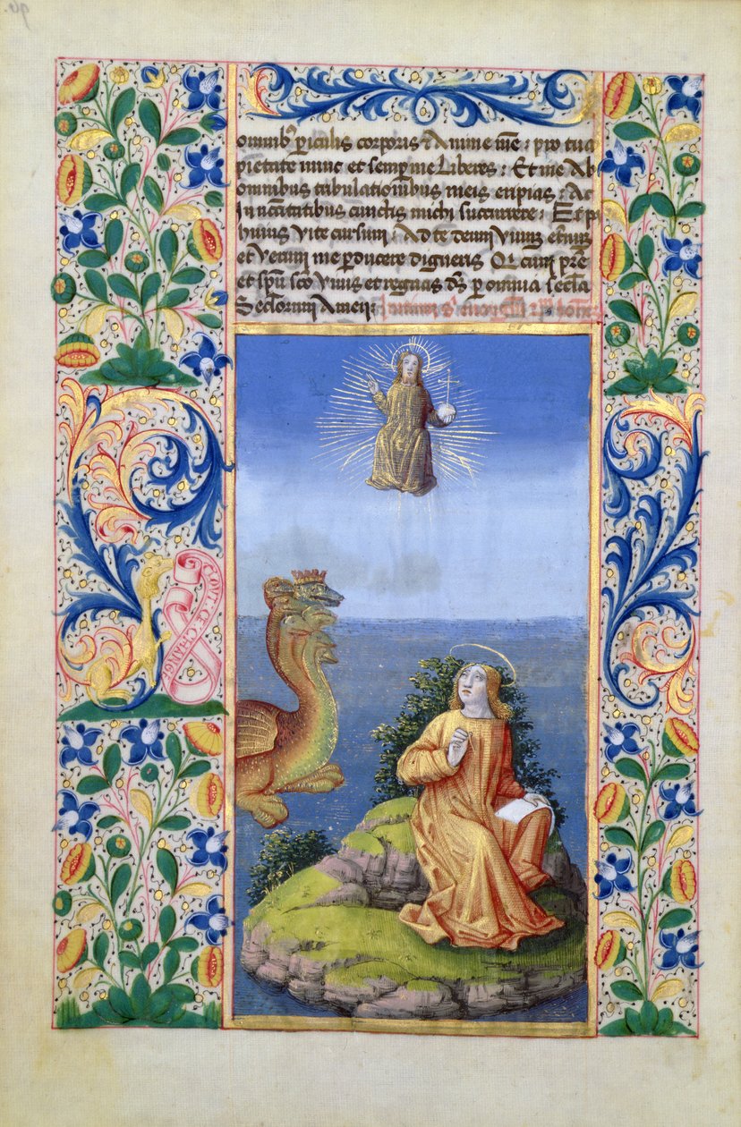 Ms Lat. Q.v.I.126 f.96v Szent János evangélista Patmosz szigetén, Louis dOrleans óráinak könyvéből, 1469 alkotó: Jean Colombe