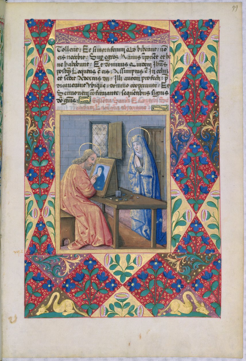 Ms Lat. Q.v.I.126 f.99 Szent Lukács Szűz Máriát festve, Louis dOrleans óráinak könyvéből, 1469 alkotó: Jean Colombe