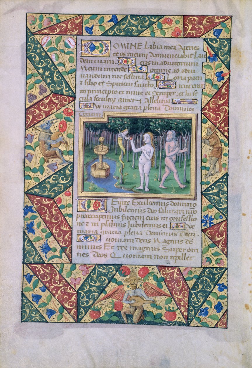 Ms Lat. Q.v.I.126 fol.12v A kísértés az Éden kertjében, Louis dOrleans óráinak könyvéből, 1490 alkotó: Jean Colombe