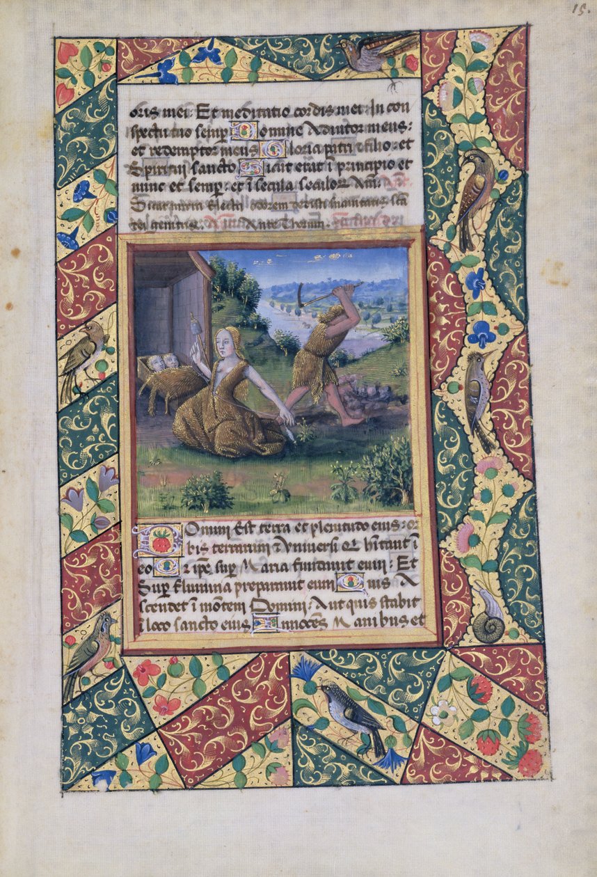 Ms Lat. Q.v.I.126 fol.15 Ádám és Éva fáradozása, Louis dOrleans óráinak könyvéből, 1490 alkotó: Jean Colombe