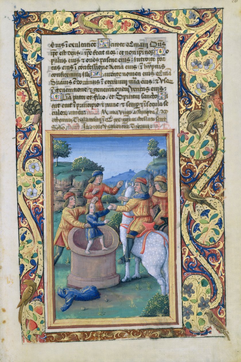 Ms Lat. Q.v.I.126 fol.20 Józsefet kiemelik a kútból és eladják az izmaelitáknak, Louis dOrleans óráinak könyvéből, 1490 alkotó: Jean Colombe