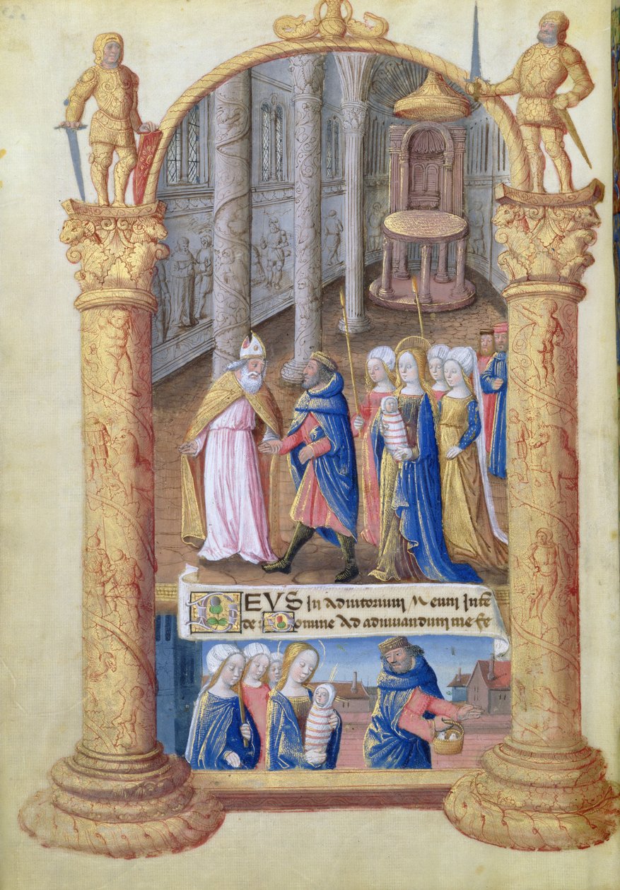 Ms. Lat. Q.v.I.126 fol.33v A Gyermek Krisztus bemutatása a templomban, Louis dOrleans óráinak könyvéből, 1490 alkotó: Jean Colombe