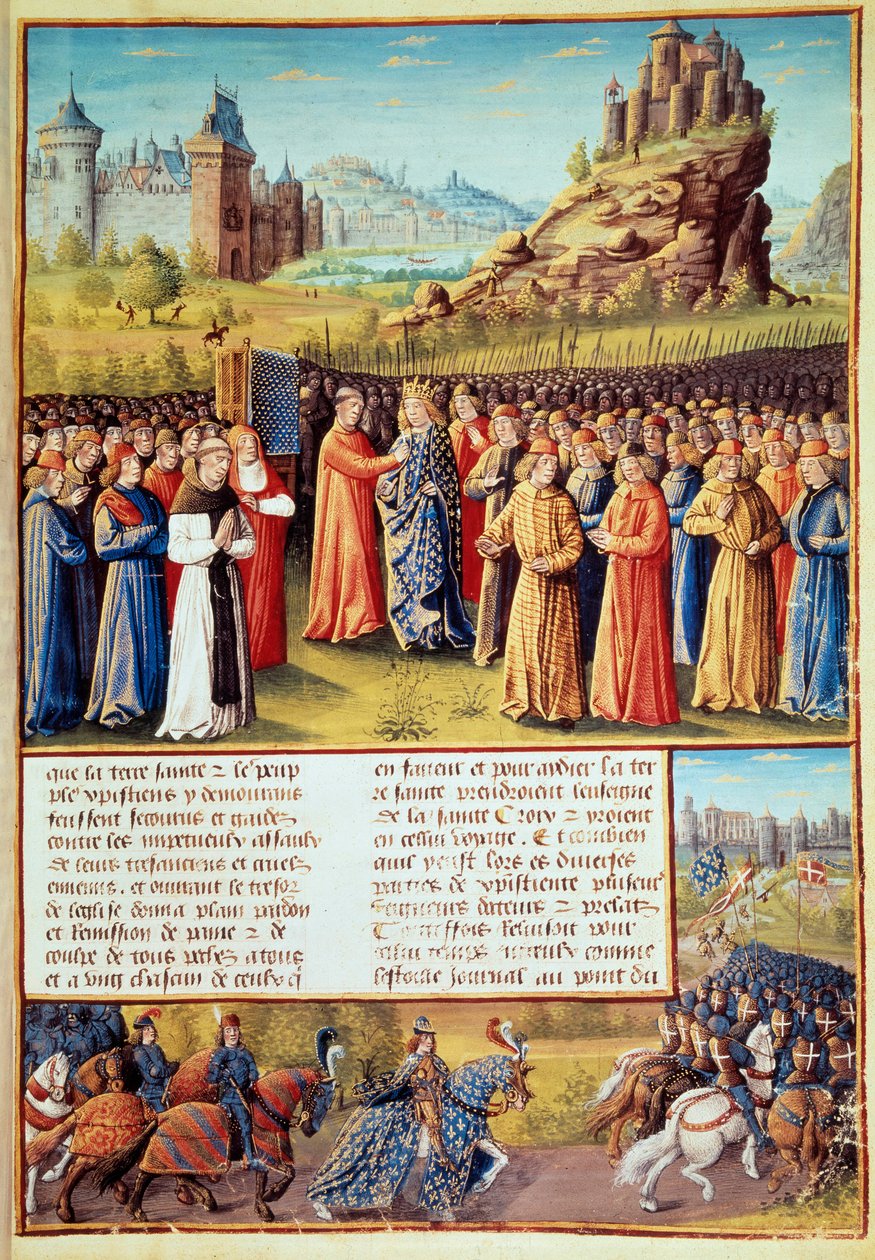 Második keresztes hadjárat (1147-1149): VII. Lajos király azt mondta, hogy a Fiatalok (1120-1180) felveszik a keresztet Vezelay-nél Clairvaux-i Szent Bernát (San Bernardo di Chiaravalle) (1090-1153) és Versailles előestéje előtt 31-én. /03/1146. Sok báró i alkotó: Jean Colombe