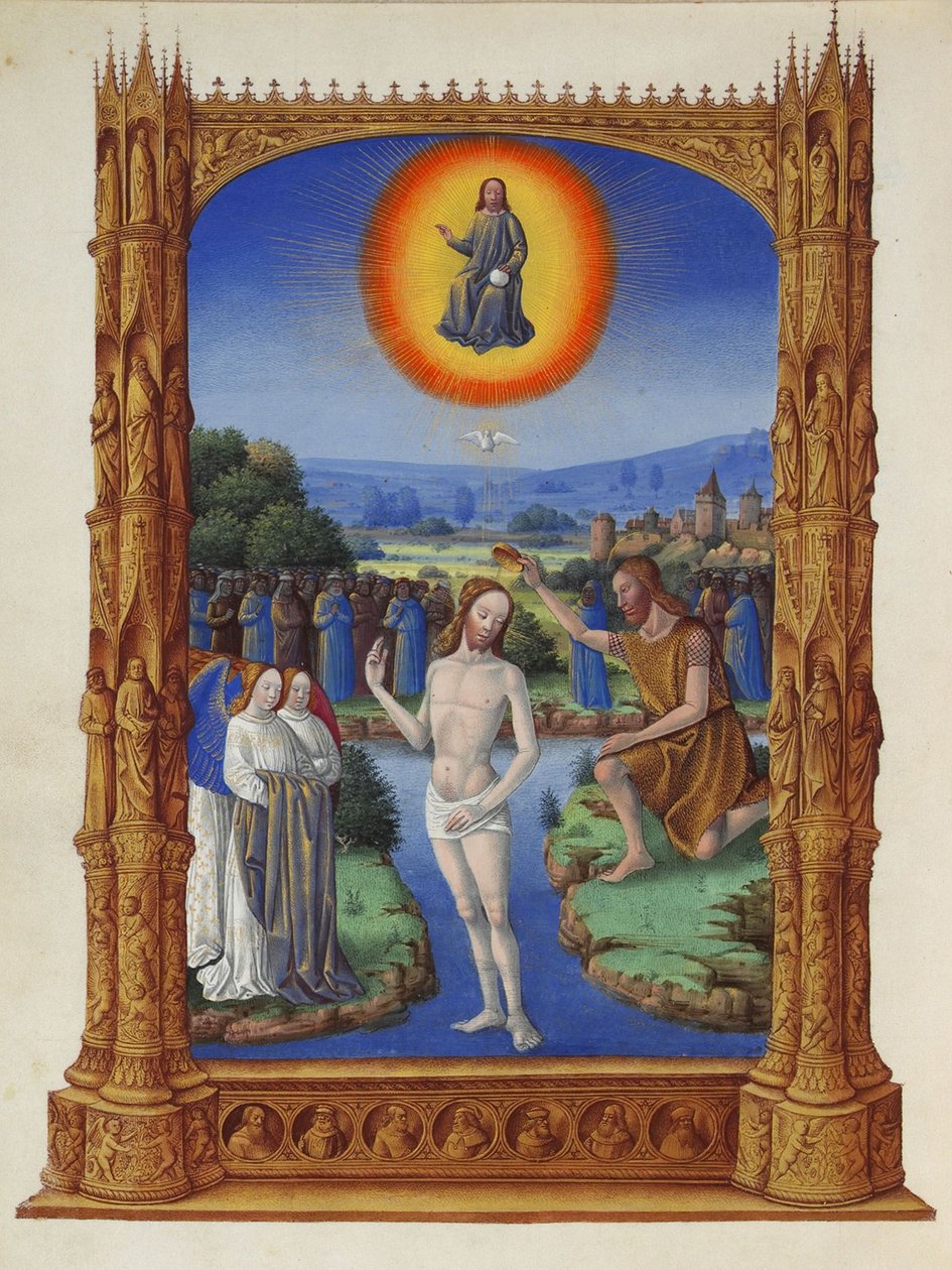 Très Riches Heures du Duc de Berry – Krisztus megkeresztelkedése alkotó: Jean Colombe