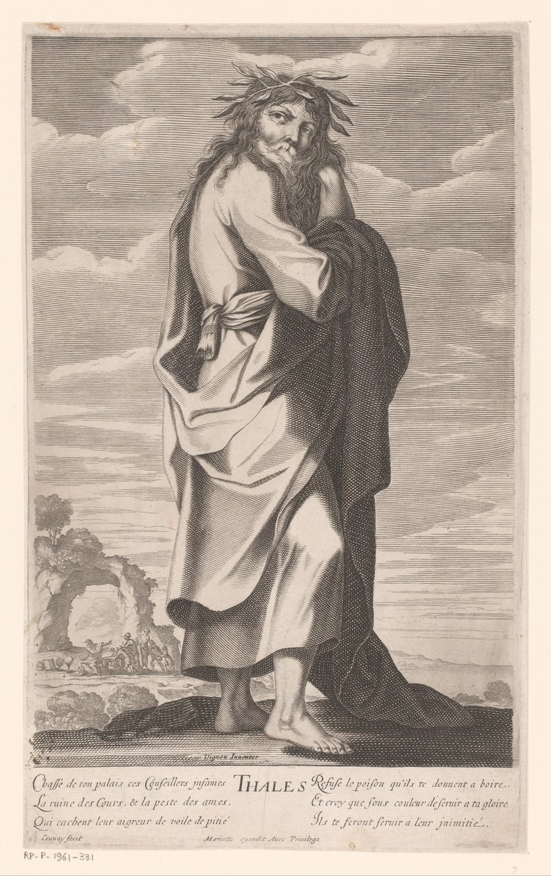 Milétosz Thalésze Thales (cím a tárgyon) Les Sept Sages de la Grece (sorozat címe) Görögország hét bölcse (sorozat címe) alkotó: Jean Couvay