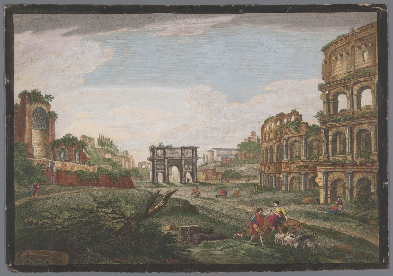 Kilátás a római diadalív és a Colosseum romjaira Rome ancienne (cím a tárgyon) alkotó: Jean Daullé
