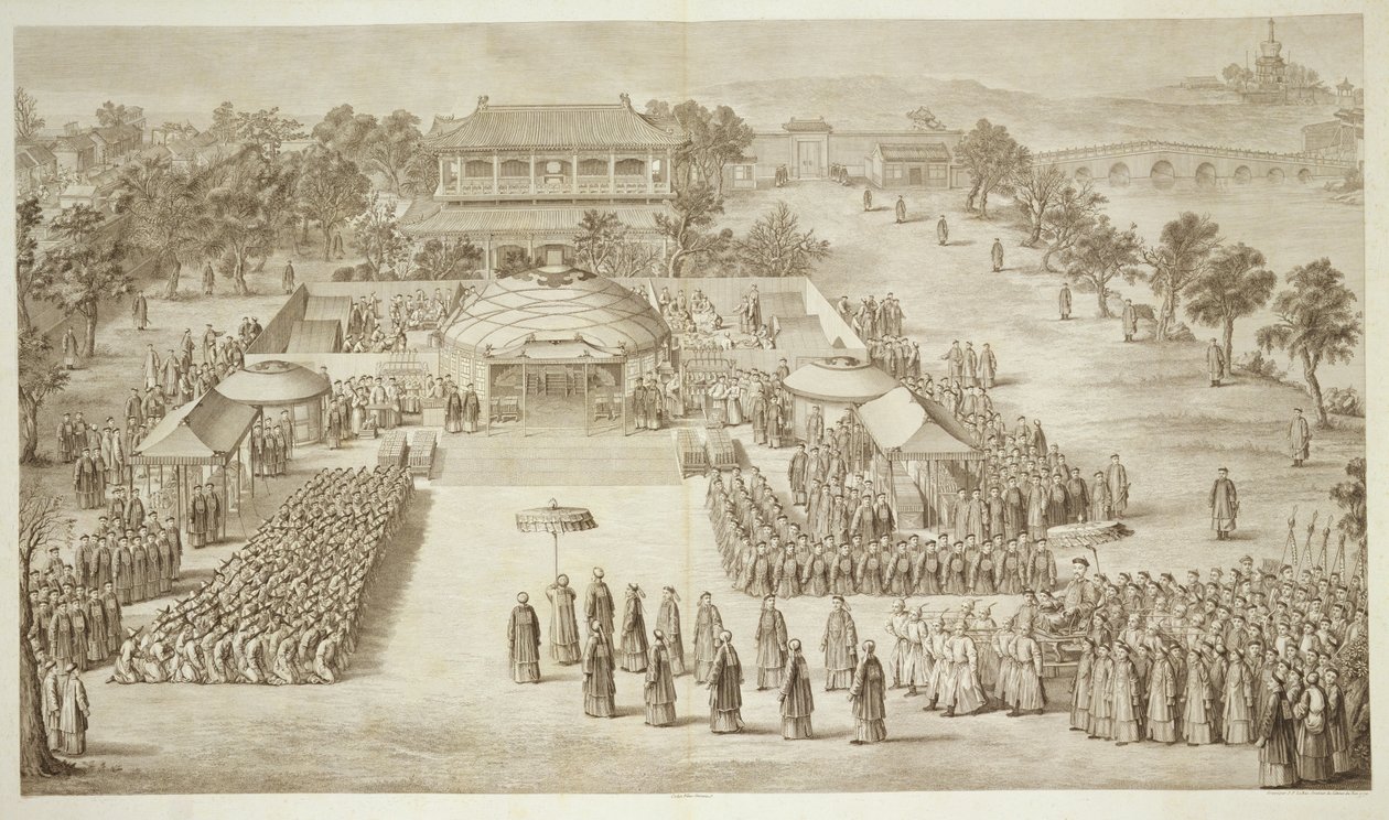 Qianlong császár megkapja a hódító eleuthok (tatár kalmuckok) 2. tábláját a kínai császár hódításait ábrázoló nyomatsorozatról, amelyet Jacques Philippe Le metszett. alkotó: Jean Denis Attiret