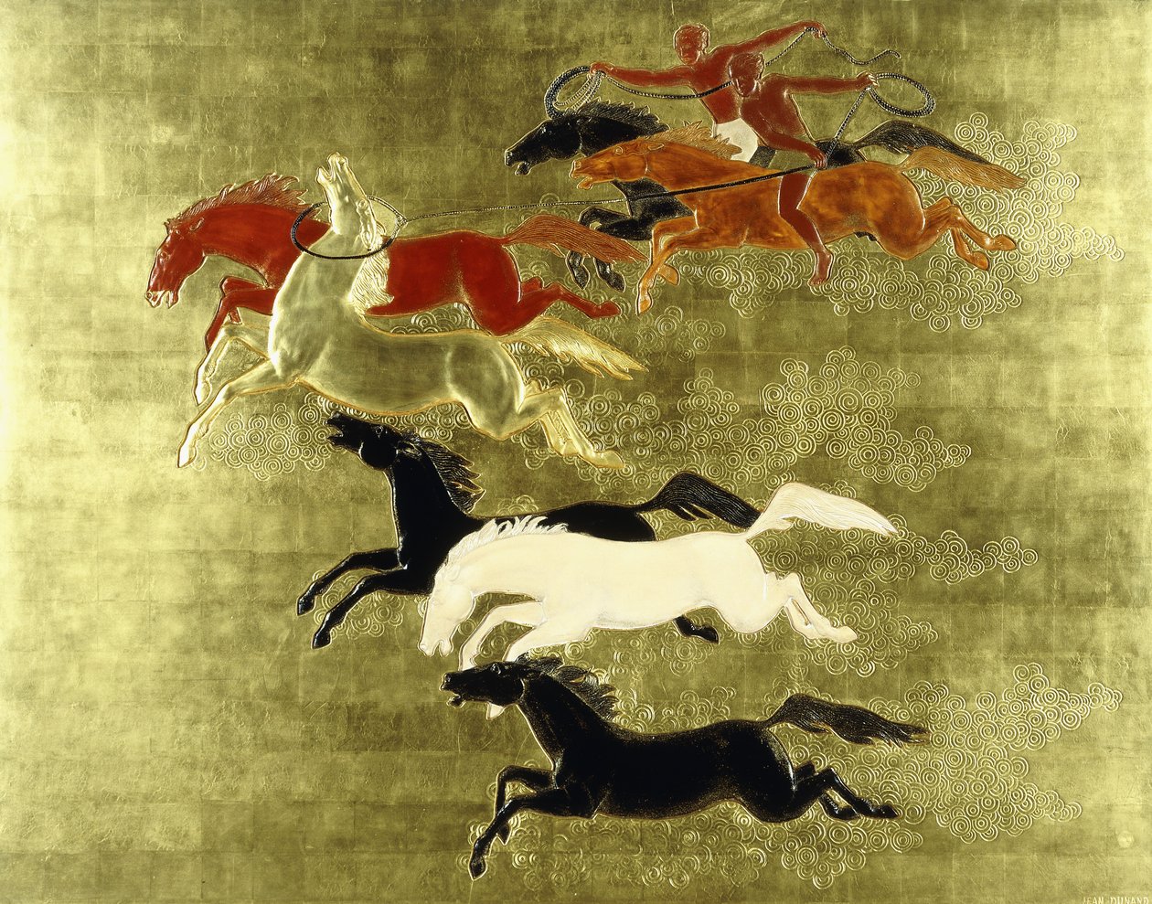 A ló meghódítása; La Conquete du Cheval, 1934 körül (lakkozott és aranyozott panel) alkotó: Jean Dunand