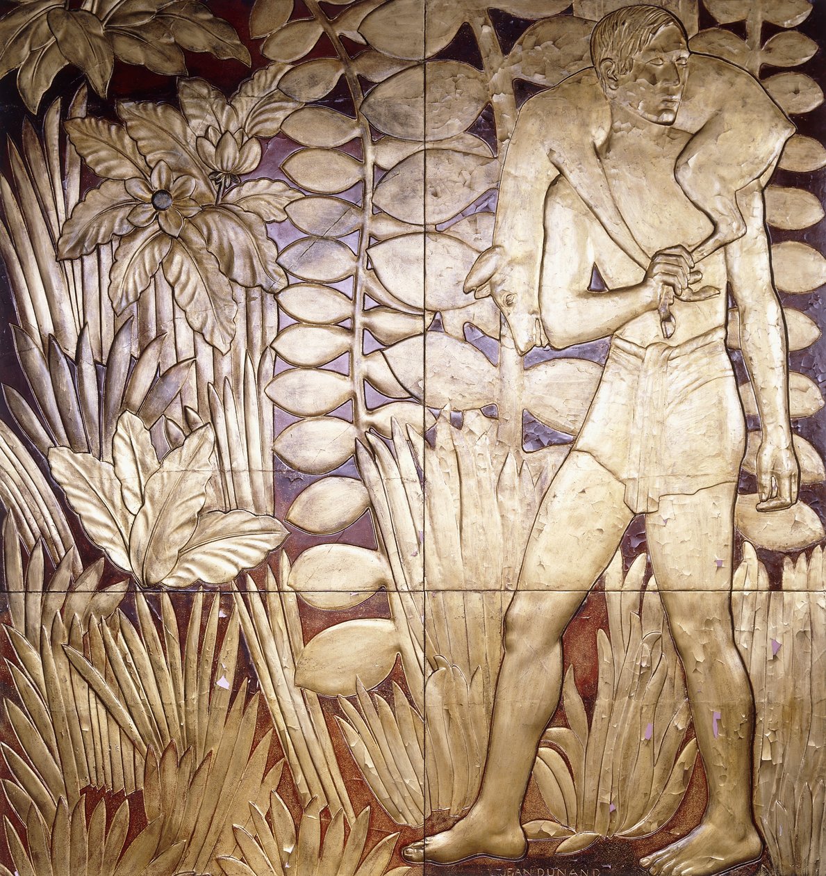 Négy lakkozott és aranyozott fapanel a "La Chase"-ból, 1935-1949 alkotó: Jean Dunand