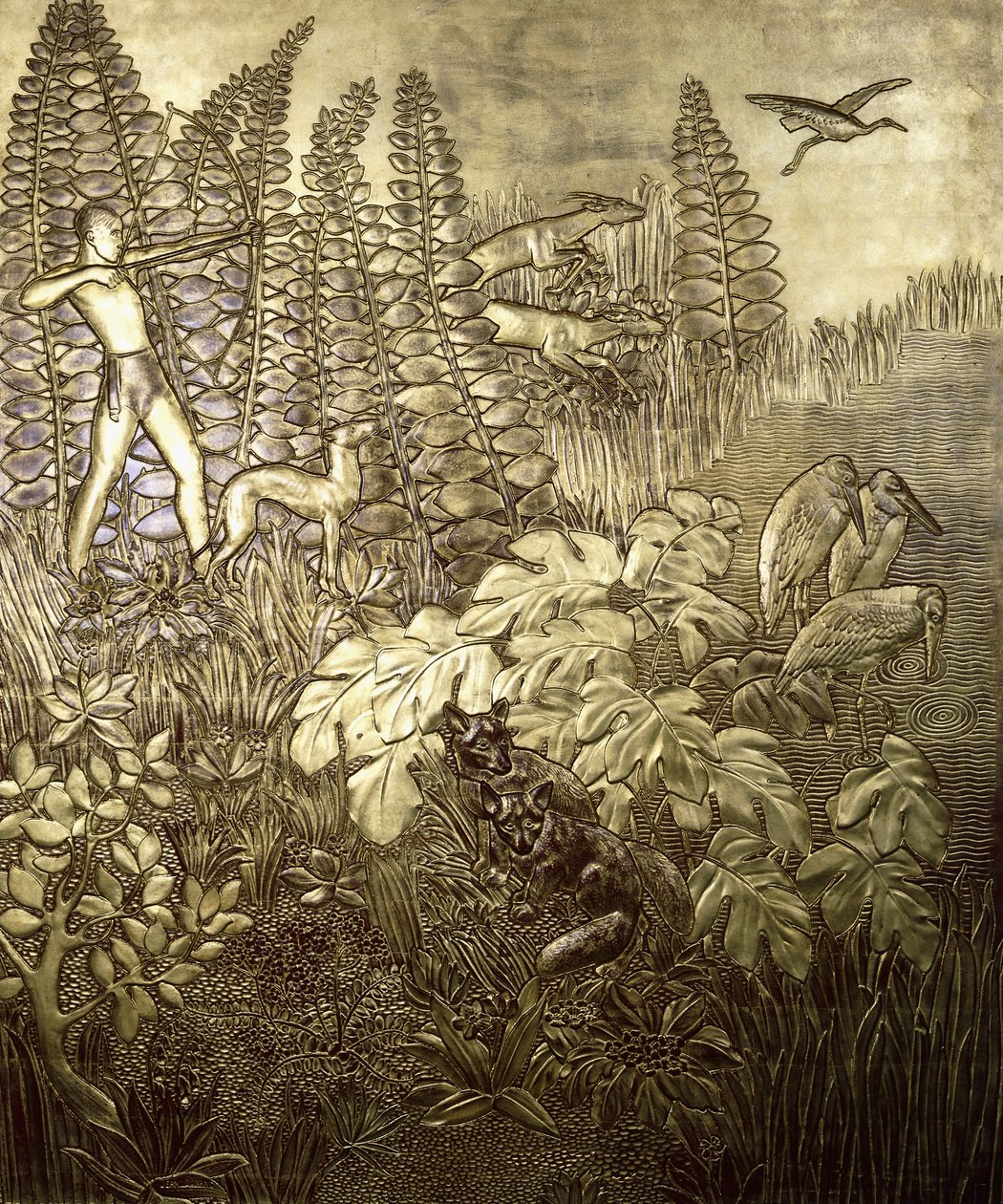 Vadászat; La Chasse, c. 1934 (aranyozott és lakkozott fa) alkotó: Jean Dunand