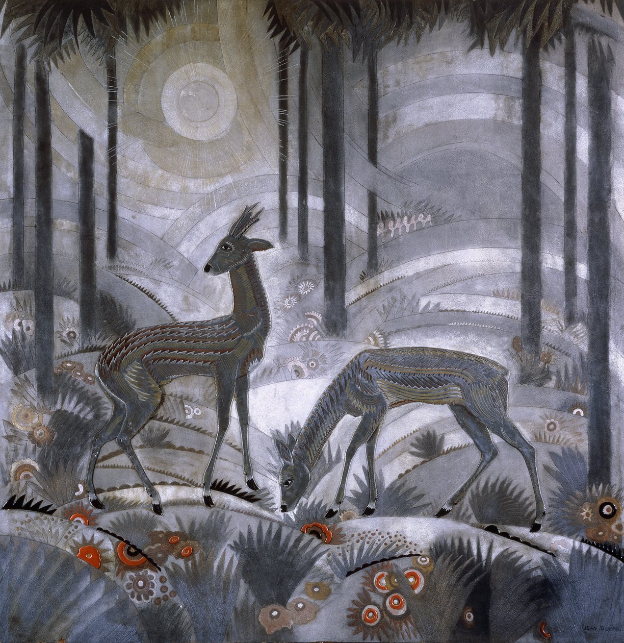 Két szarvas az erdőben, 1929 körül (lakkozott fa panel) alkotó: Jean Dunand