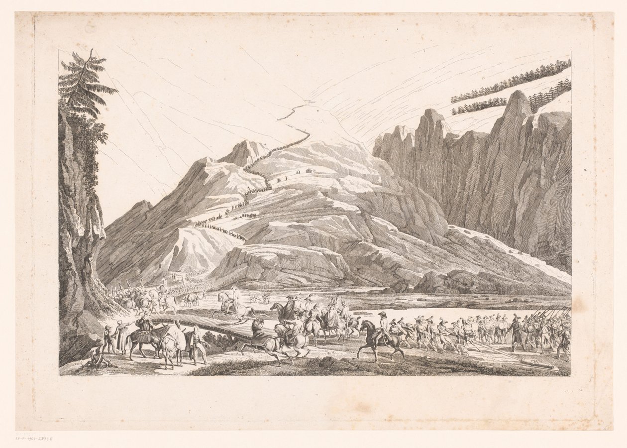 Hegyi táj utazó lovassággal (cím a tárgyon) alkotó: Jean Duplessis Bertaux (attributed to)