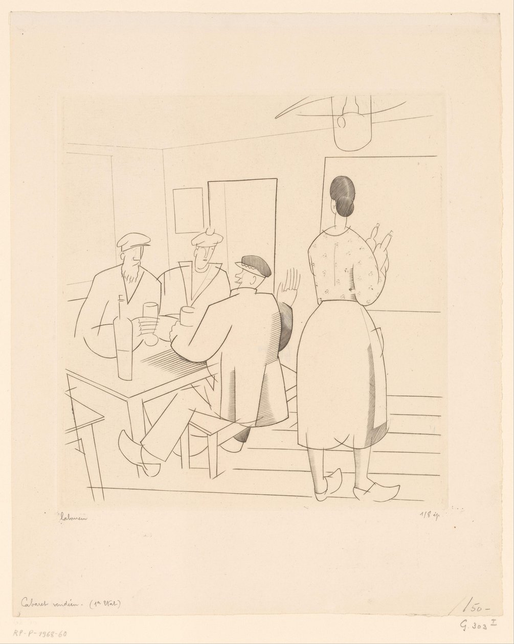 Kávézó belső ügyfelekkel és pincérnővel Cabaret vendéen (cím a tárgyon) alkotó: Jean Emile Laboureur (signed by artist)