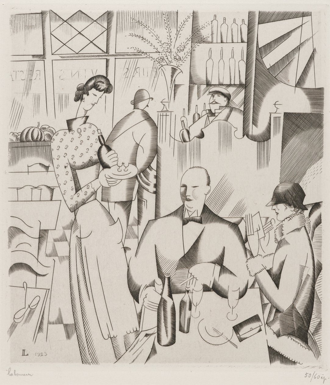 Vacsora a Bistóban (Le diner chez le bistrot), 1923 (metszet szőtt papírra) alkotó: Jean Emile Laboureur