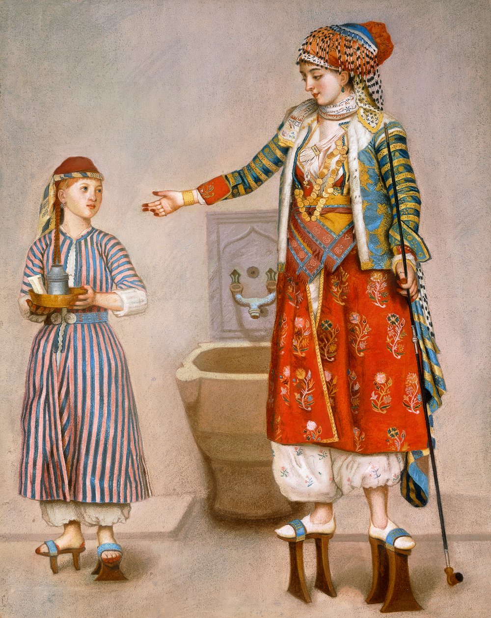 Egy török jelmezben lévő nő hamamban oktatja szolgálóját, alkotó: Jean Étienne Liotard