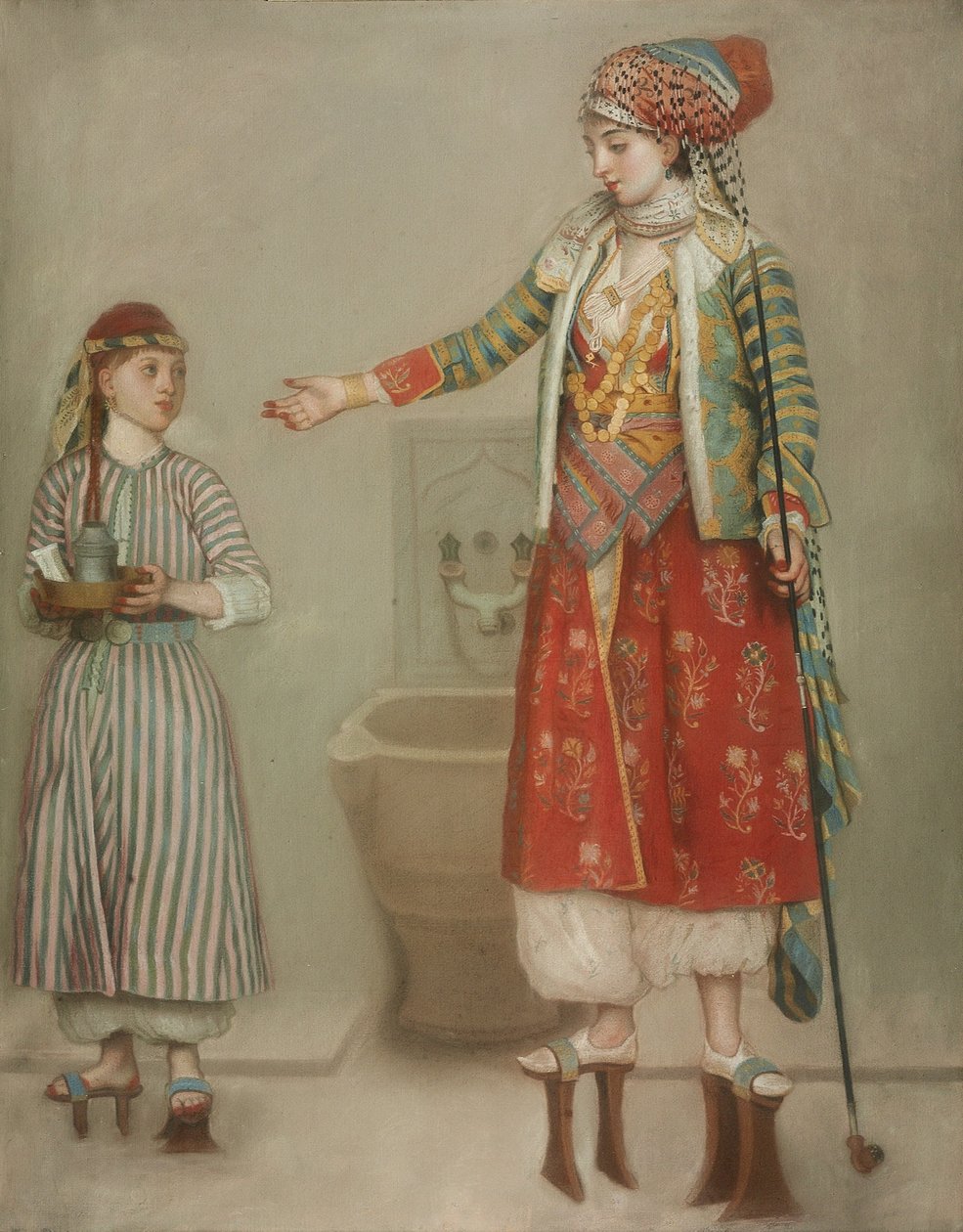 Török ruhás hölgy szolgálójával a hammamban, XVIII. század közepe. alkotó: Jean Étienne Liotard