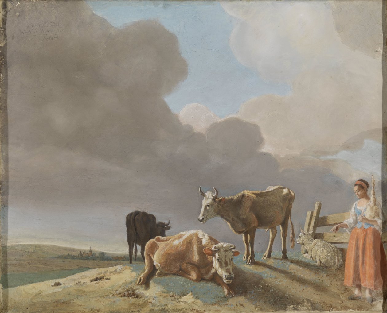 Táj tehenekkel, juhokkal és pásztorlánnyal, Paulus Potter festménye nyomán módosított másolat, a pásztorlány Karel Dujardin festményéről másolva (recto); befejezetlen férfiportré (verso) alkotó: Jean Étienne Liotard