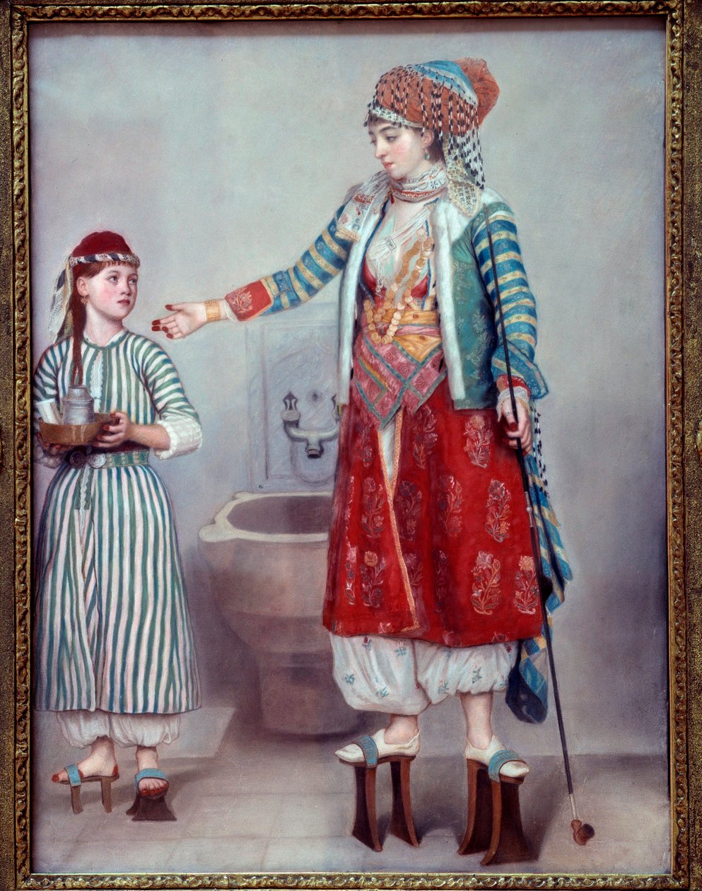 Orientalizmus: „A törökbe öltözött Franco hölgy és rabszolgája” A két nő a hammamban használt fa emelvényeket viseli. Jean Etienne Liotard (1702-1789) pasztellfestménye 1742 Dim. 0,71 x 0,53 m Genf, musee d