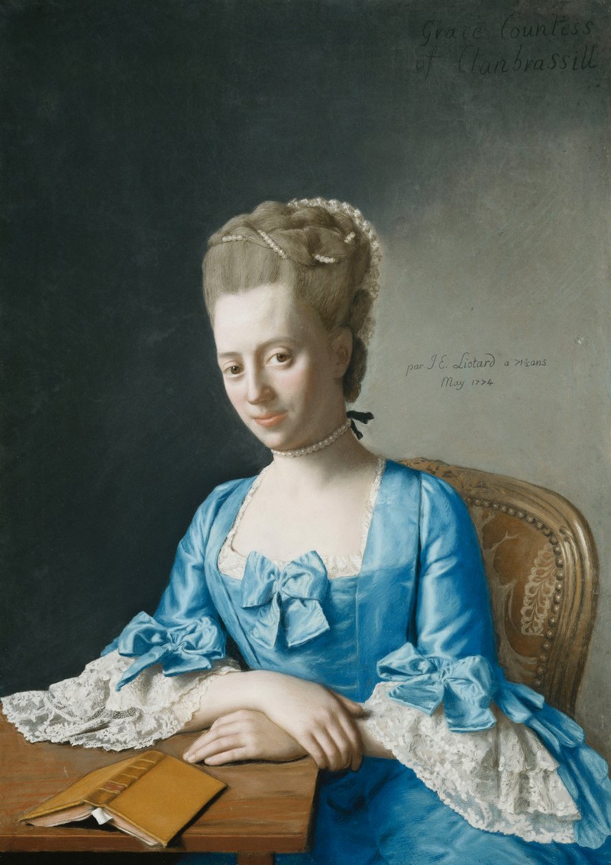 Grace, Clanbrassil grófnőjének portréja, szül. Foley, félhosszú, kék ruhában, asztalnál ül, keresztbe tett kézzel, 1774 alkotó: Jean Étienne Liotard