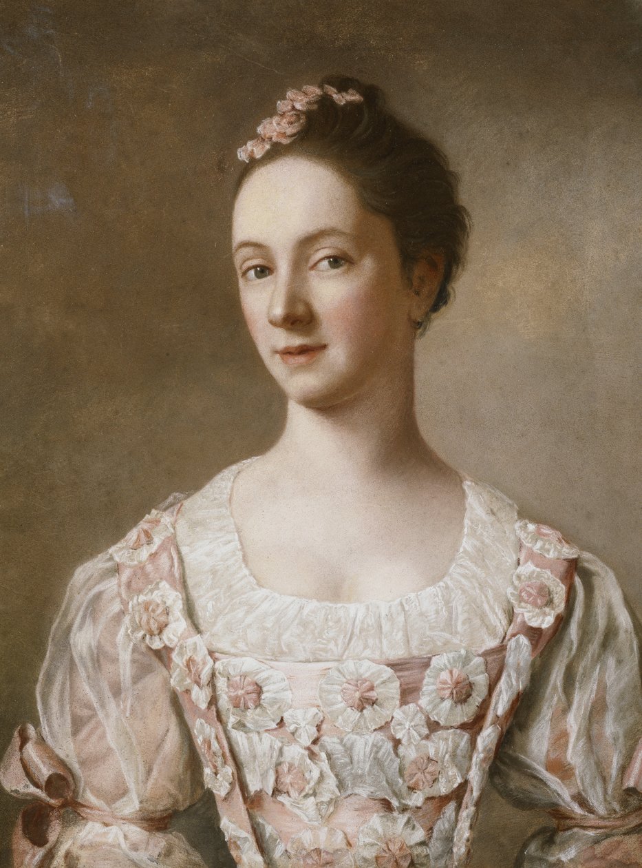 Félhosszú hölgy portréja, rózsaszín és fehér ruhában, alkotó: Jean Étienne Liotard