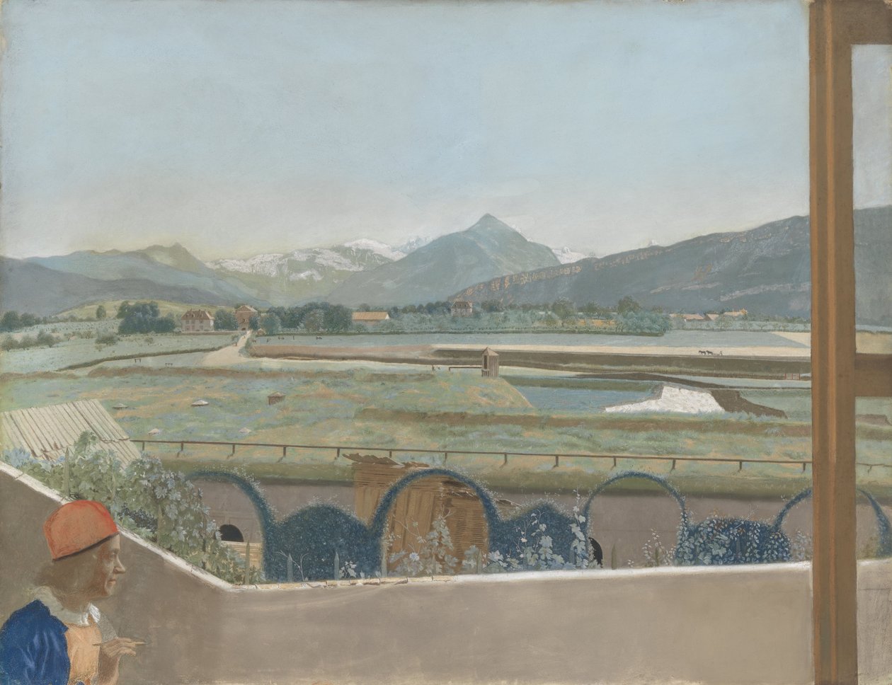 Kilátás a Mont Blanc-hegységre a genfi Művész Stúdióból, önarckép, 1765-70 (pergamen) alkotó: Jean Étienne Liotard