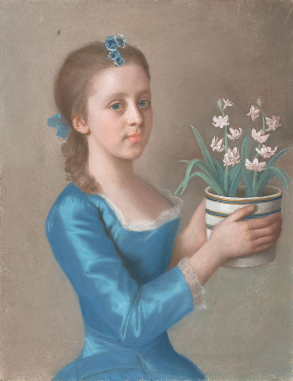 Fiatal lány kezében egy fazék jácint Lány jácintos virágcserépben (talán Lady Caroline Russell, később Marlborough hercegnő portréja) alkotó: Jean Étienne Liotard