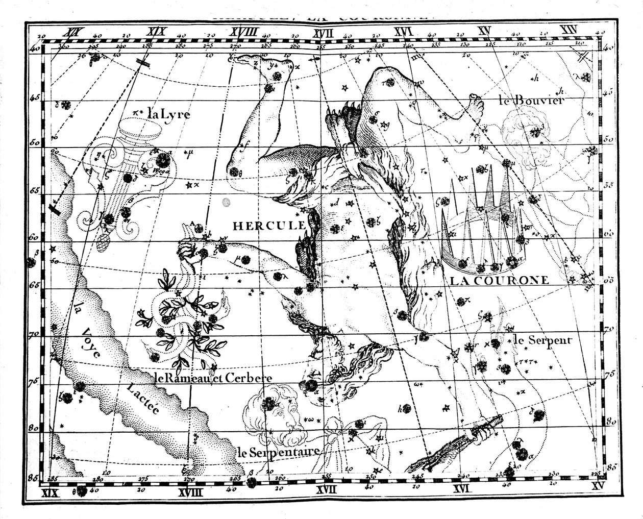 Csillagászati térkép, középpontjában a Herkules csillagkép, 1775 alkotó: Jean Fortin