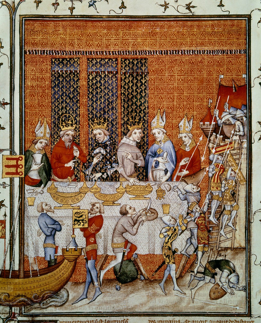 V. Károly francia király (1338-1380) bankettet kínál a Cité palotájában IV. Károly császár (1316-1378) és IV. Vencel (1363-1419) cseh király tiszteletére. Miniatűr Jean Fouquet (1420-1481) „Franciaország nagy krónikáiból”, Párizs, B.N. alkotó: Jean Fouquet
