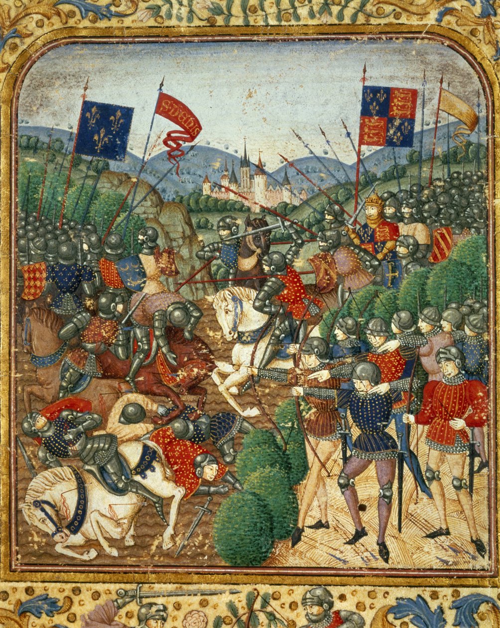 Azincourt-i csata (1415). A százéves háború alatt az angol V. Henrik legyőzte a francia Armagnacs párt – Jean Fouquet „Grandes Chronicles de France”-jában, 1467-1476 körül. Victoria & Albert Könyvtár alkotó: Jean Fouquet