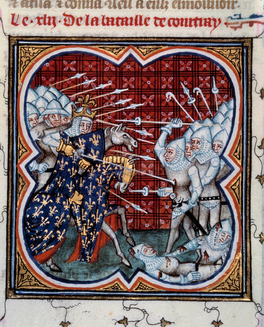 Kortrijki csata IV. Bel Fülöp (1268-1314) és a flamandok között úgynevezett aranysarkantyús csata 1302/07/11. Miniatúra Jean Fouquet (1420-1481) "Les grandes chronicles de France" című művéből, 15. század. Párizs, B.N. alkotó: Jean Fouquet