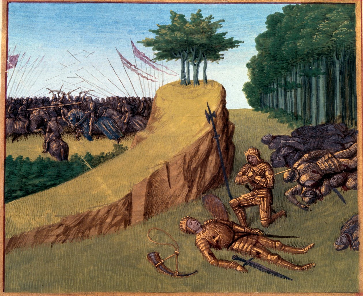 Roncesvalaux-i csata (778). Roland Roncevaux-ban halt meg. Miniatűr „” Grandes Chronicles de France”” (Folio 113) Jean Fouquet (141.-147.) BN, Párizsban. alkotó: Jean Fouquet