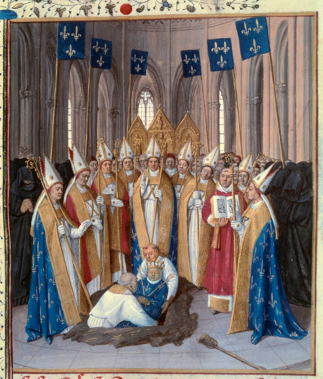 IV. Bél Fülöp király (1268-1314) temetése a Szent Denis-bazilikában Jean Fouquet (1420-1481) „Szent Denis krónikáiból” készült miniatűr 15. század. Paris, B.N. alkotó: Jean Fouquet