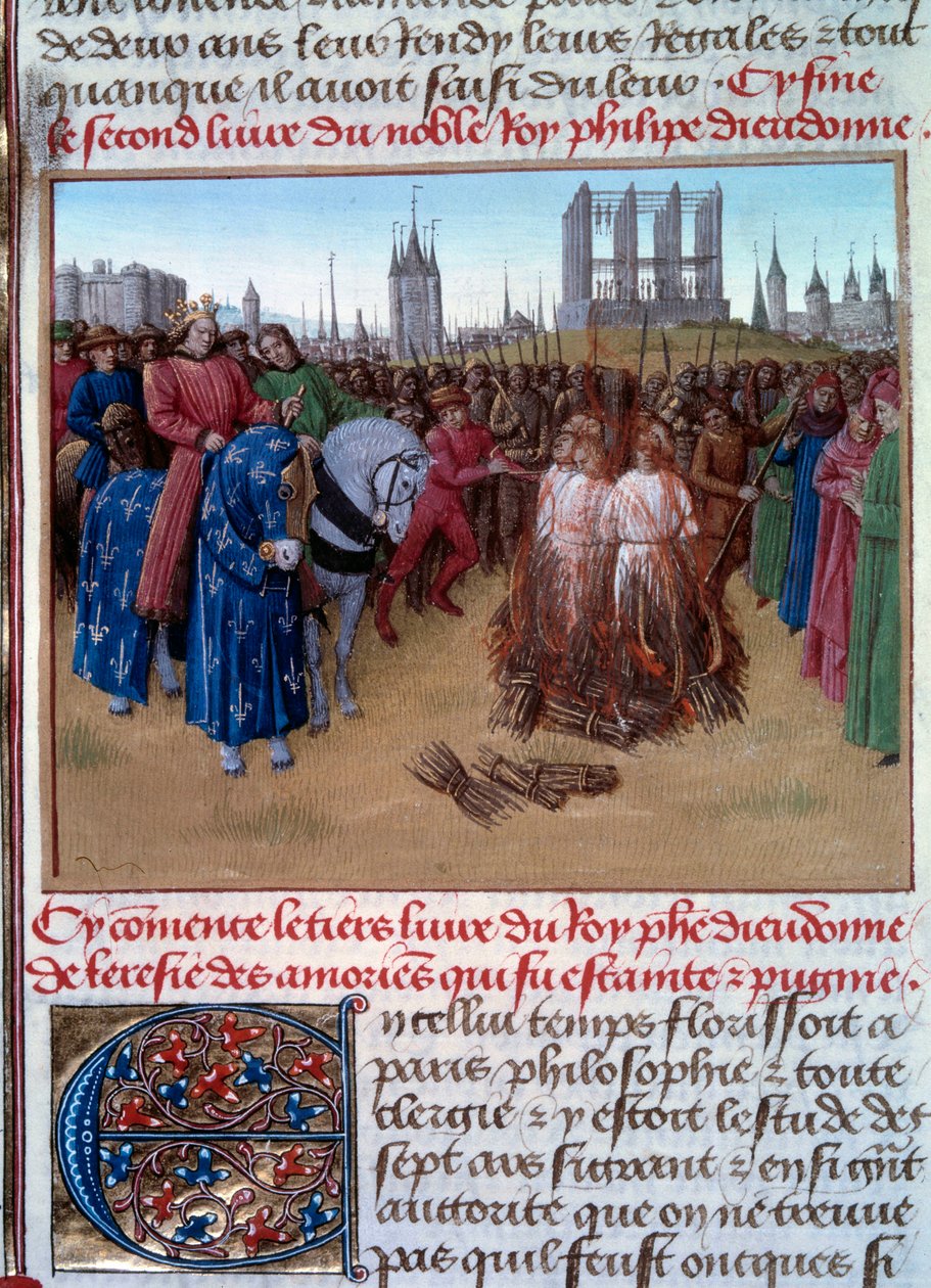 Az amauriciusok (Amaury de Chartres, a 12. századi francia filozófus és teológus támogatói) elítélése és kínzása Philip Auguste (1165-1223) néven ismert II. Fülöp jelenlétében. "" Grandes Chronicles de France "" kézirat (Folio 236 alkotó: Jean Fouquet
