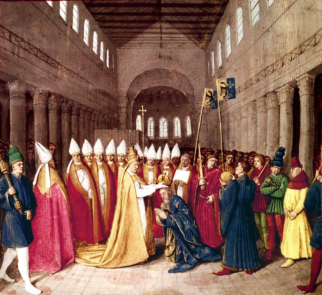 Nagy Károly császár megkoronázása 800. december 25-én Rómában III. Leó pápa által, Jean Fouquet "Les Grandes Chroniques de France" című megvilágítása, c. 1455-1460 alkotó: Jean Fouquet